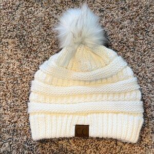 C.C women White Knit Pom-Pom Beanie